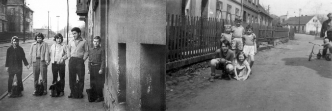 Vlevo děti z ul. E. Destinové jdou do školy (1962), vpravo Stará ul. s předzahrádkami (1957).